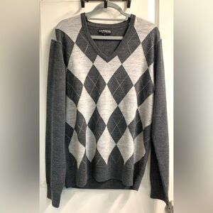 Men’s 100% Merino Wool V-Neck Pullover Sweater Jumper Sz L Gray